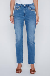 Jeans Droit Broderie Brillante aux Poches