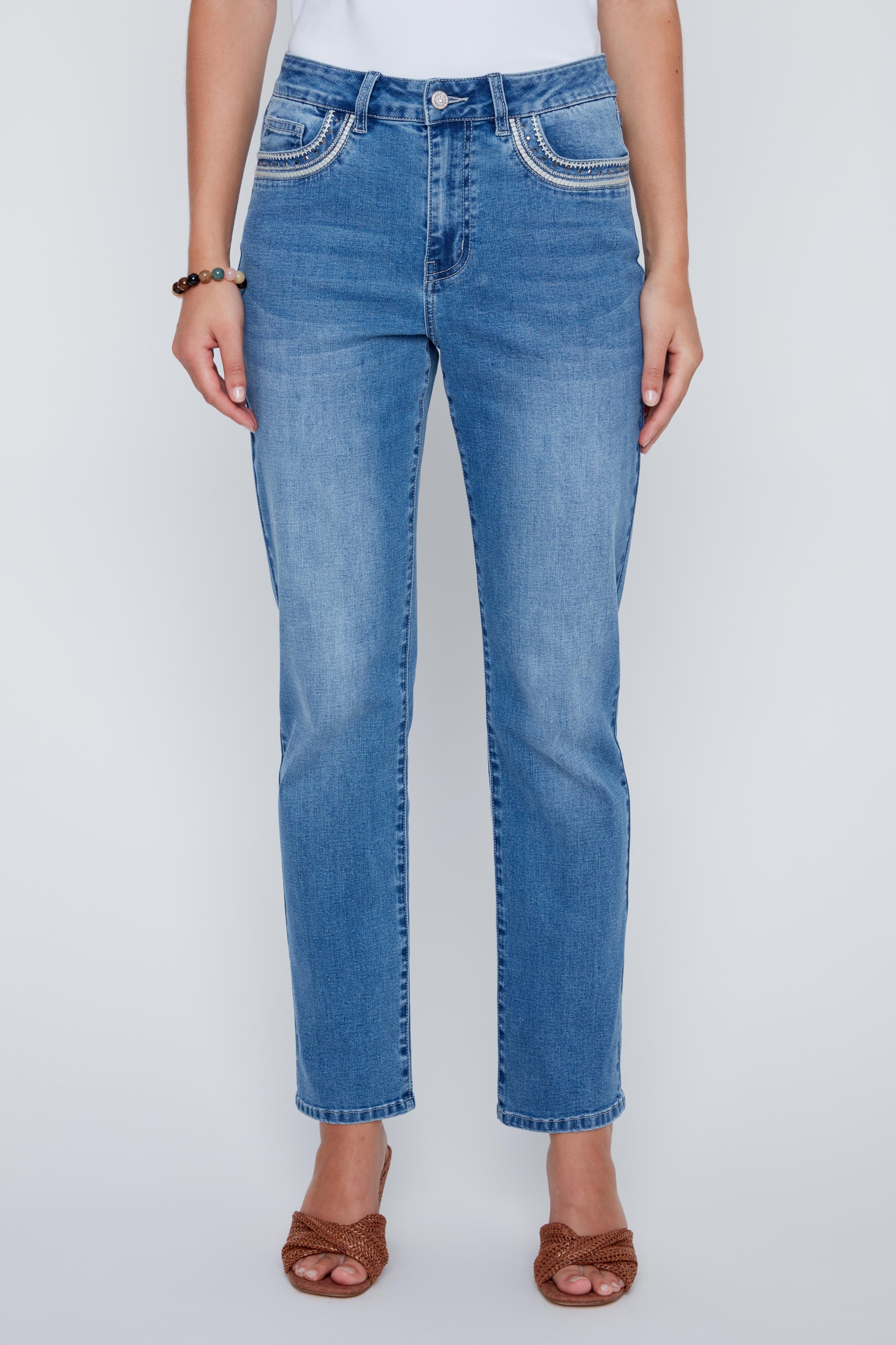Jeans Droit Broderie Brillante aux Poches