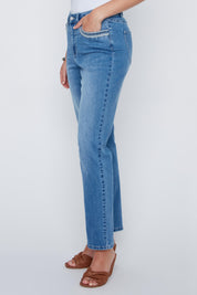 Jeans Droit Broderie Brillante aux Poches