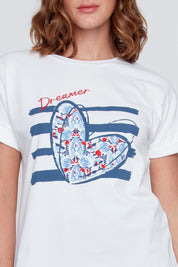 T-Shirt Col Rond Imprimé Coeur et Rayures
