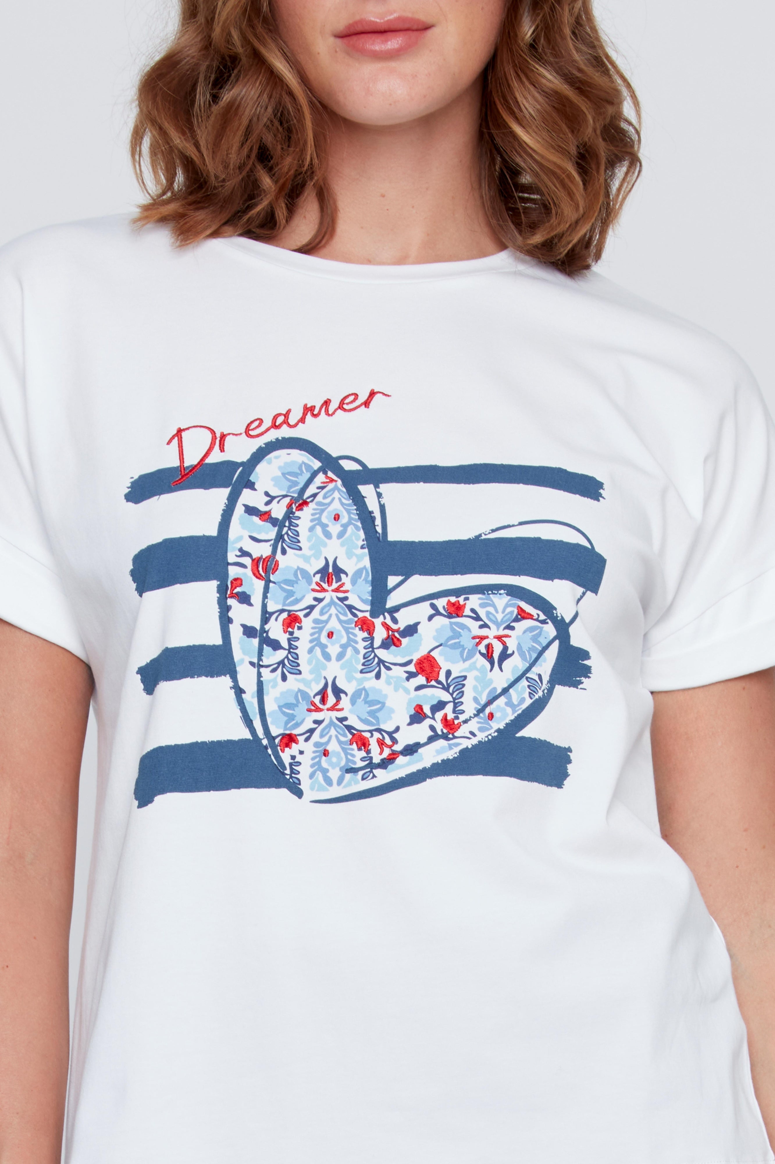 T-Shirt Col Rond Imprimé Coeur et Rayures