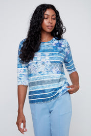 Chandail Manche au Coude en Tricot Imprimé Rayures Douces