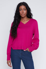 Chandail Tricot Léger Manches Bouffantes Col V