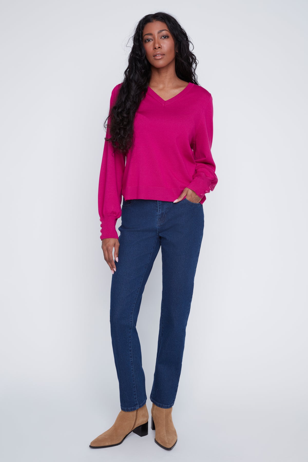 Chandail Tricot Léger Manches Bouffantes Col V