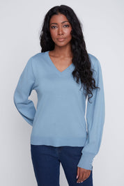 Chandail Tricot Léger Manches Bouffantes Col V