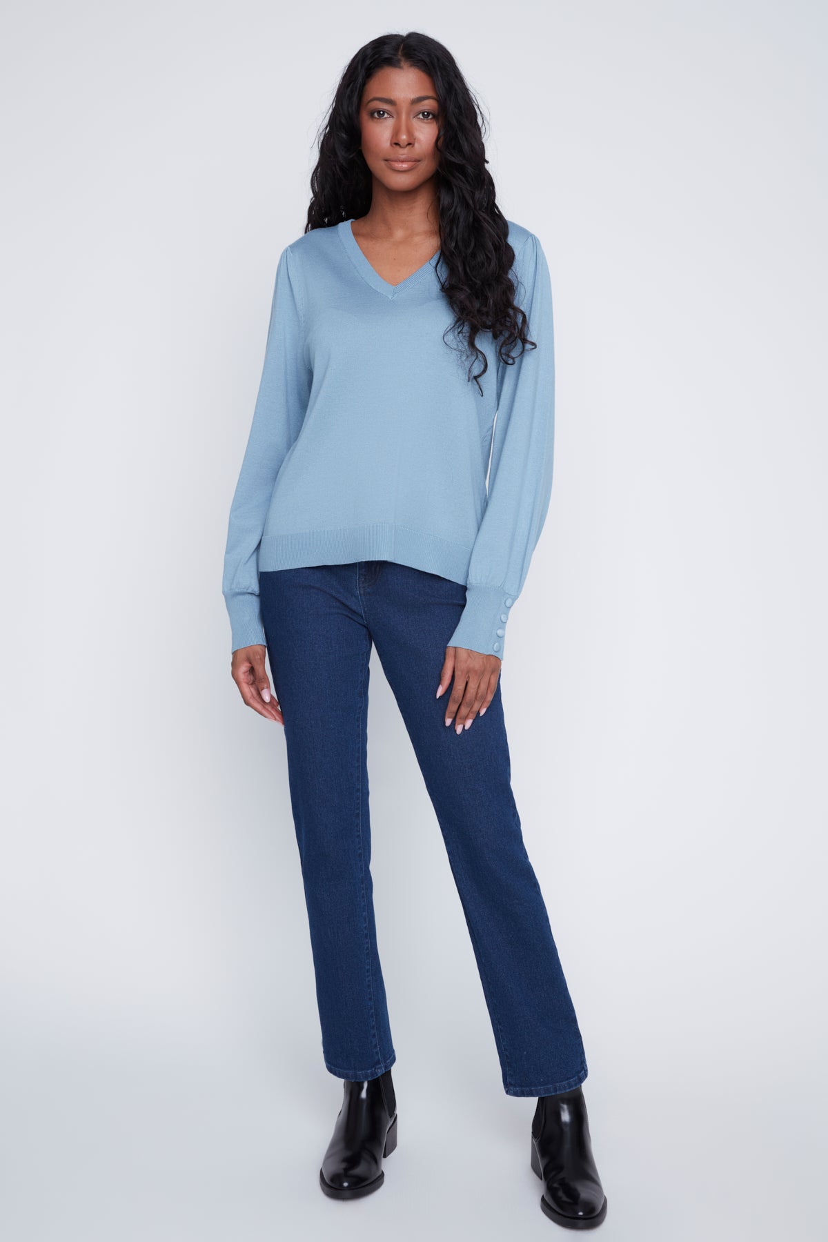 Chandail Tricot Léger Manches Bouffantes Col V