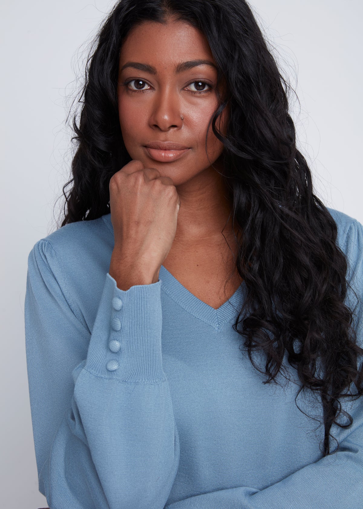 Chandail Tricot Léger Manches Bouffantes Col V