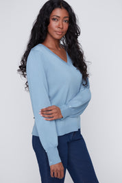 Chandail Tricot Léger Manches Bouffantes Col V