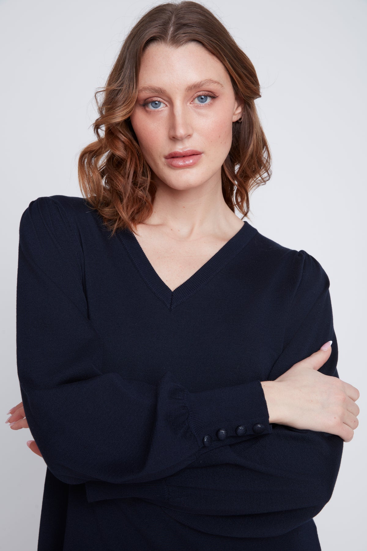 Chandail Tricot Léger Manches Bouffantes Col V