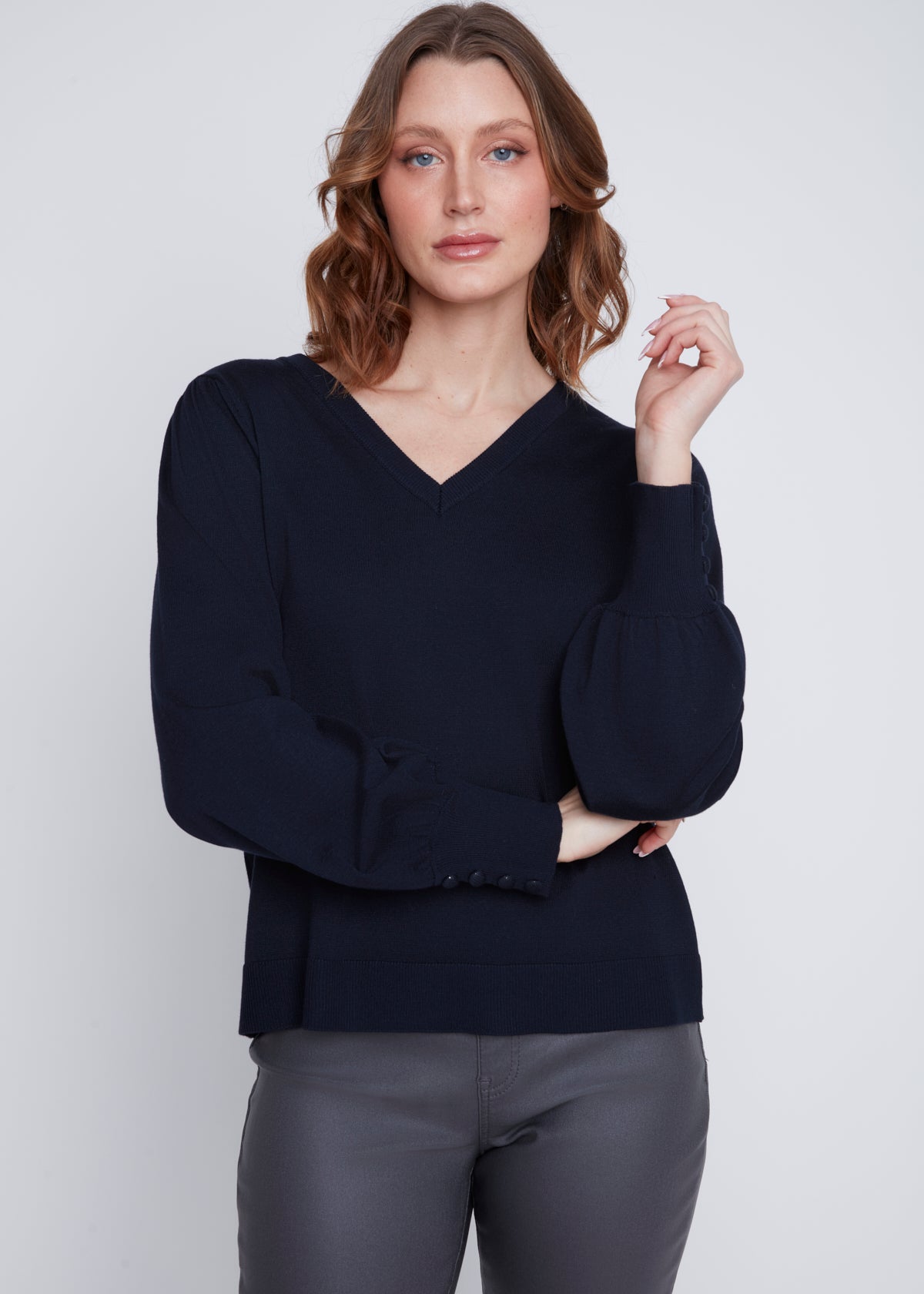 Chandail Tricot Léger Manches Bouffantes Col V