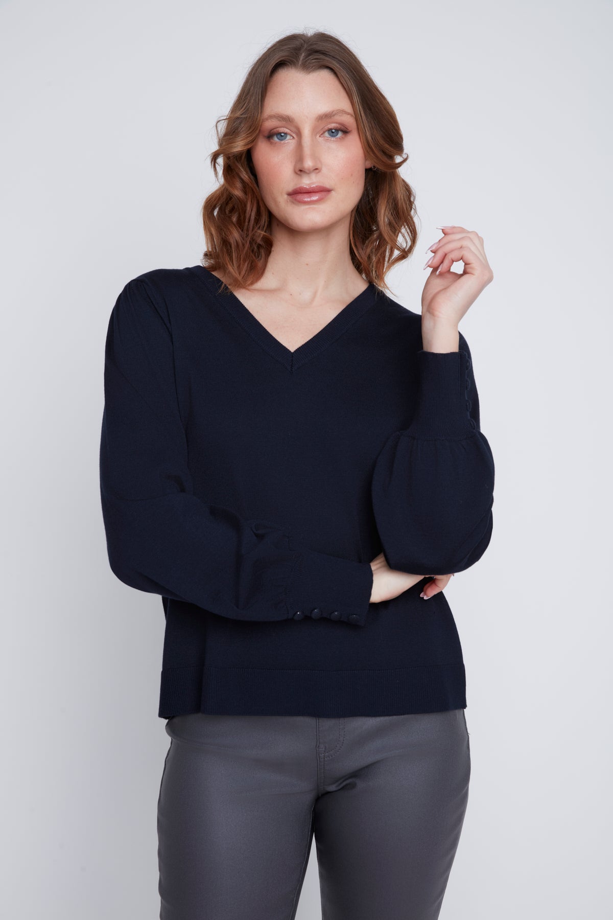 Chandail Tricot Léger Manches Bouffantes Col V