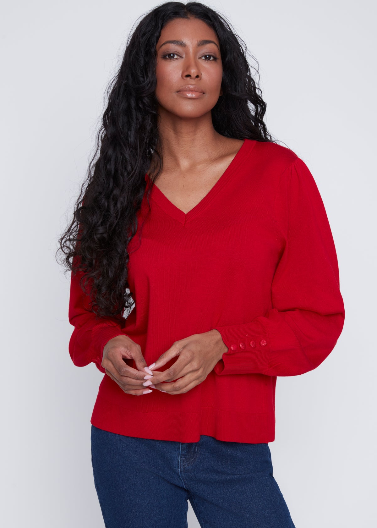 Chandail Tricot Léger Manches Bouffantes Col V