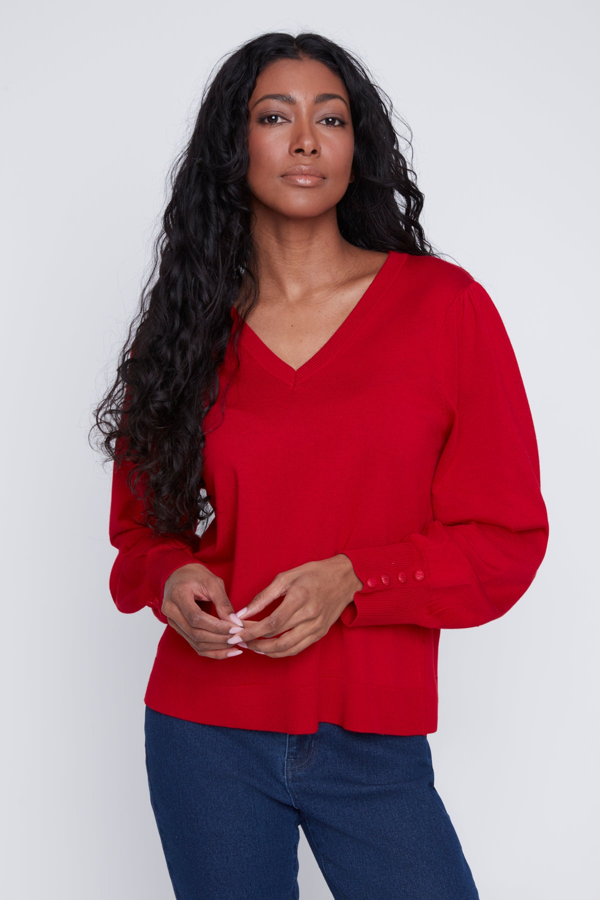 Chandail Tricot Léger Manches Bouffantes Col V