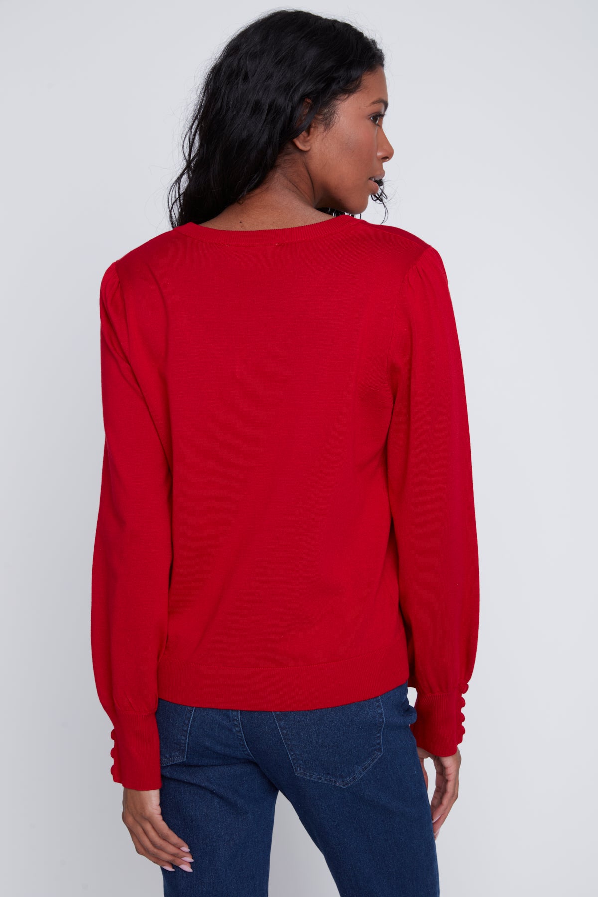 Chandail Tricot Léger Manches Bouffantes Col V