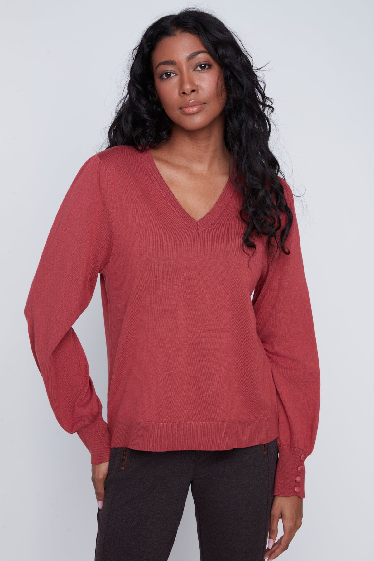 Chandail Tricot Léger Manches Bouffantes Col V