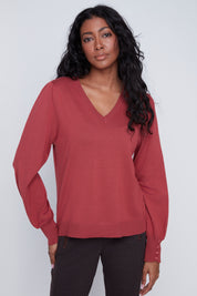 Chandail Tricot Léger Manches Bouffantes Col V