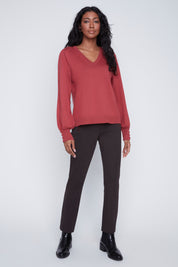 Chandail Tricot Léger Manches Bouffantes Col V