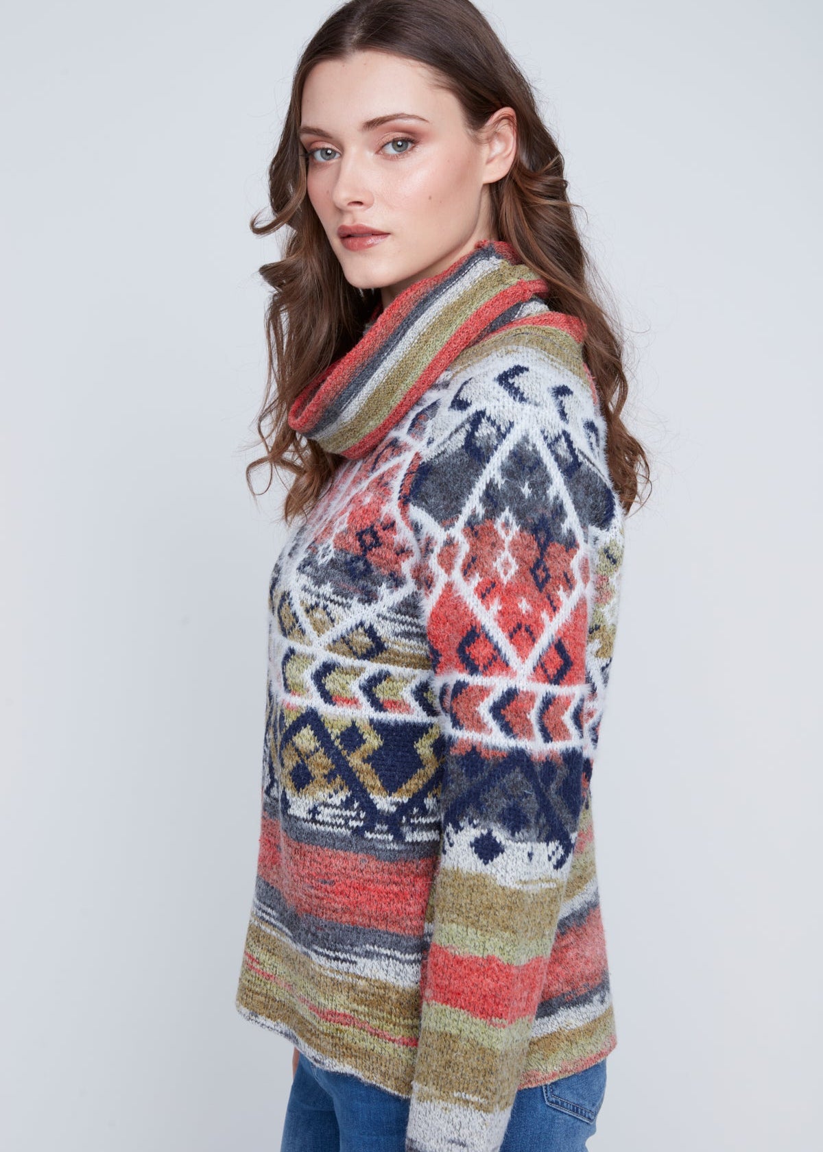 Chandail Tricot Col Baveux Motif Azthéque