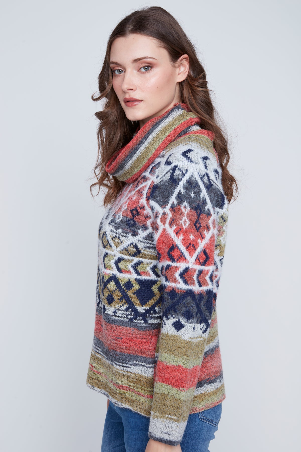 Chandail Tricot Col Baveux Motif Azthéque