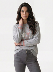 Chandail en Tricot Bleu Denim à Imprimé Cœurs Argentés