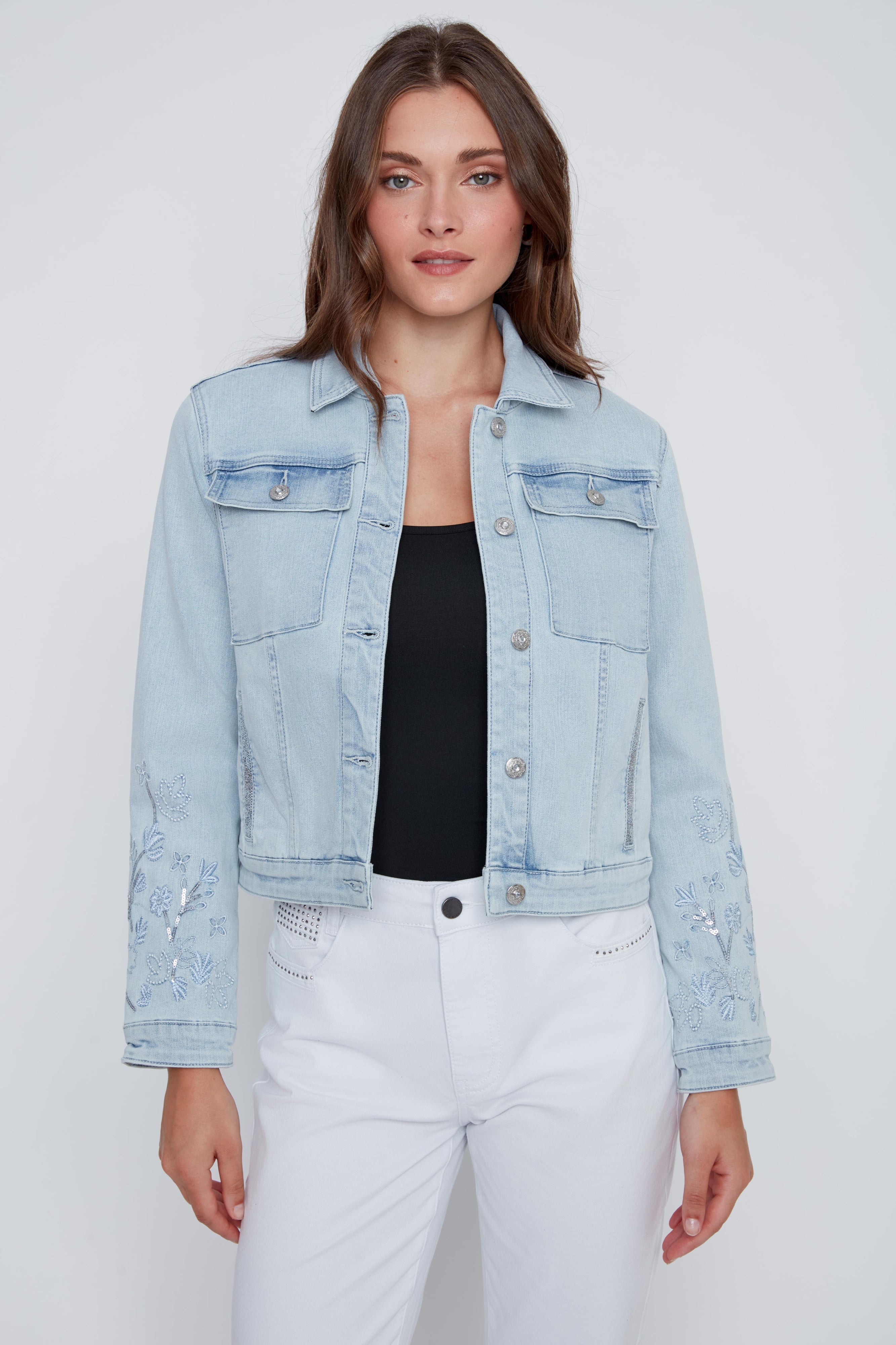 Jacket de Jeans Broderies Florales à Pailettes