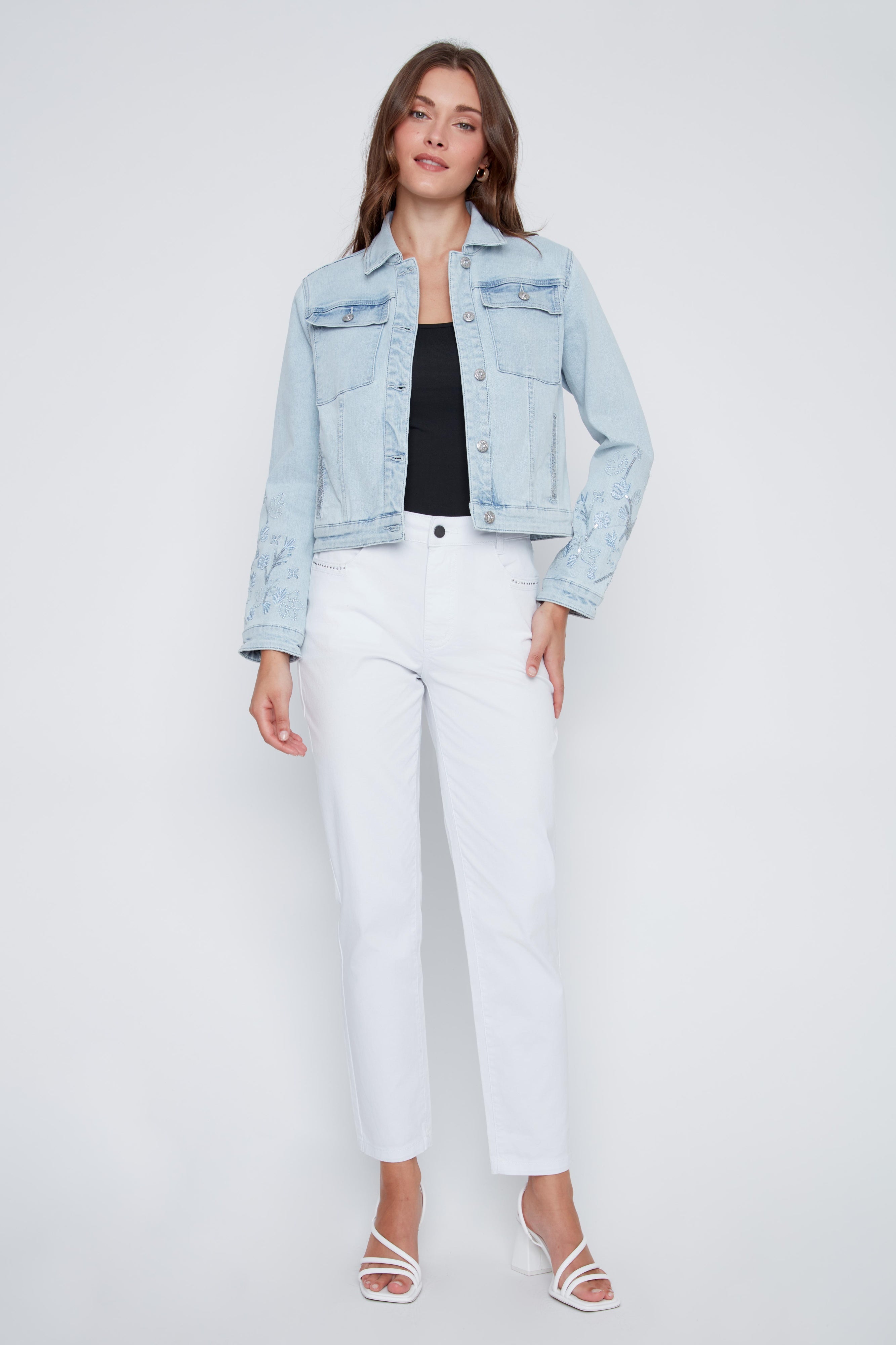 Jacket de Jeans Broderies Florales à Pailettes