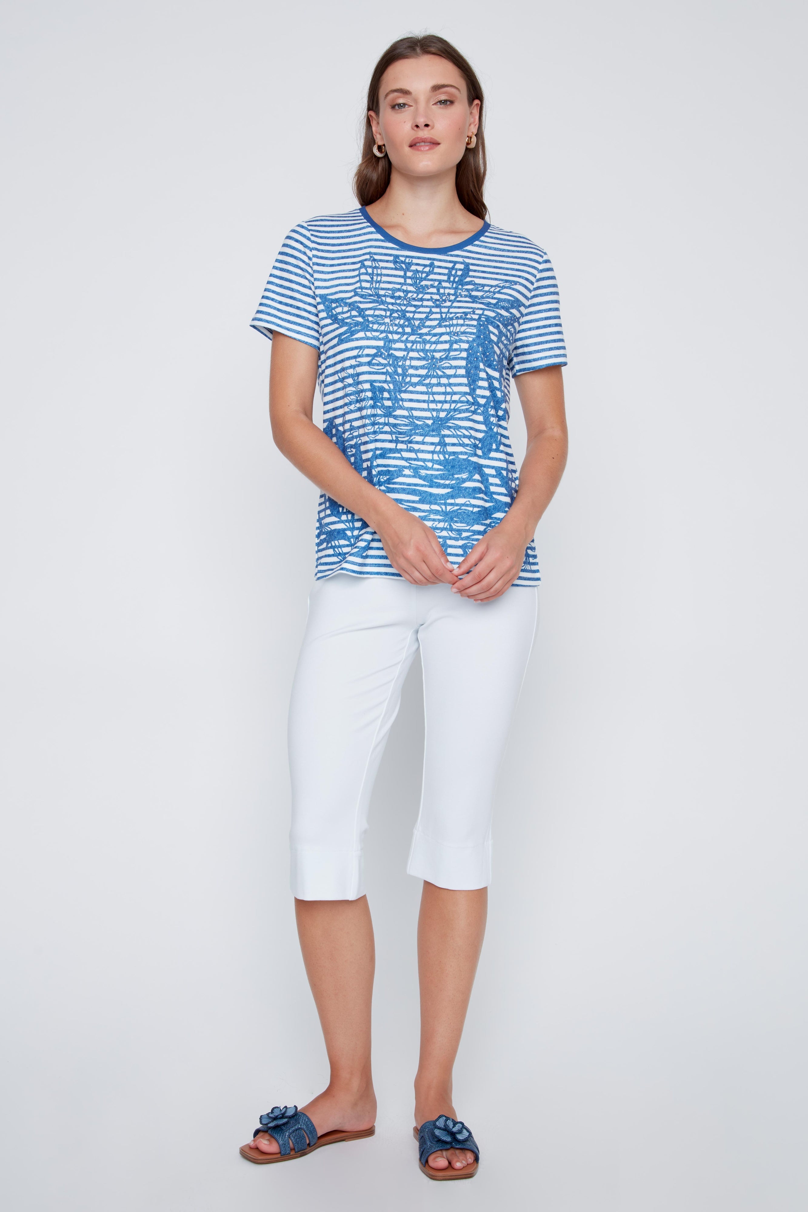T-Shirt Rayé avec Imprimé de Fleurs