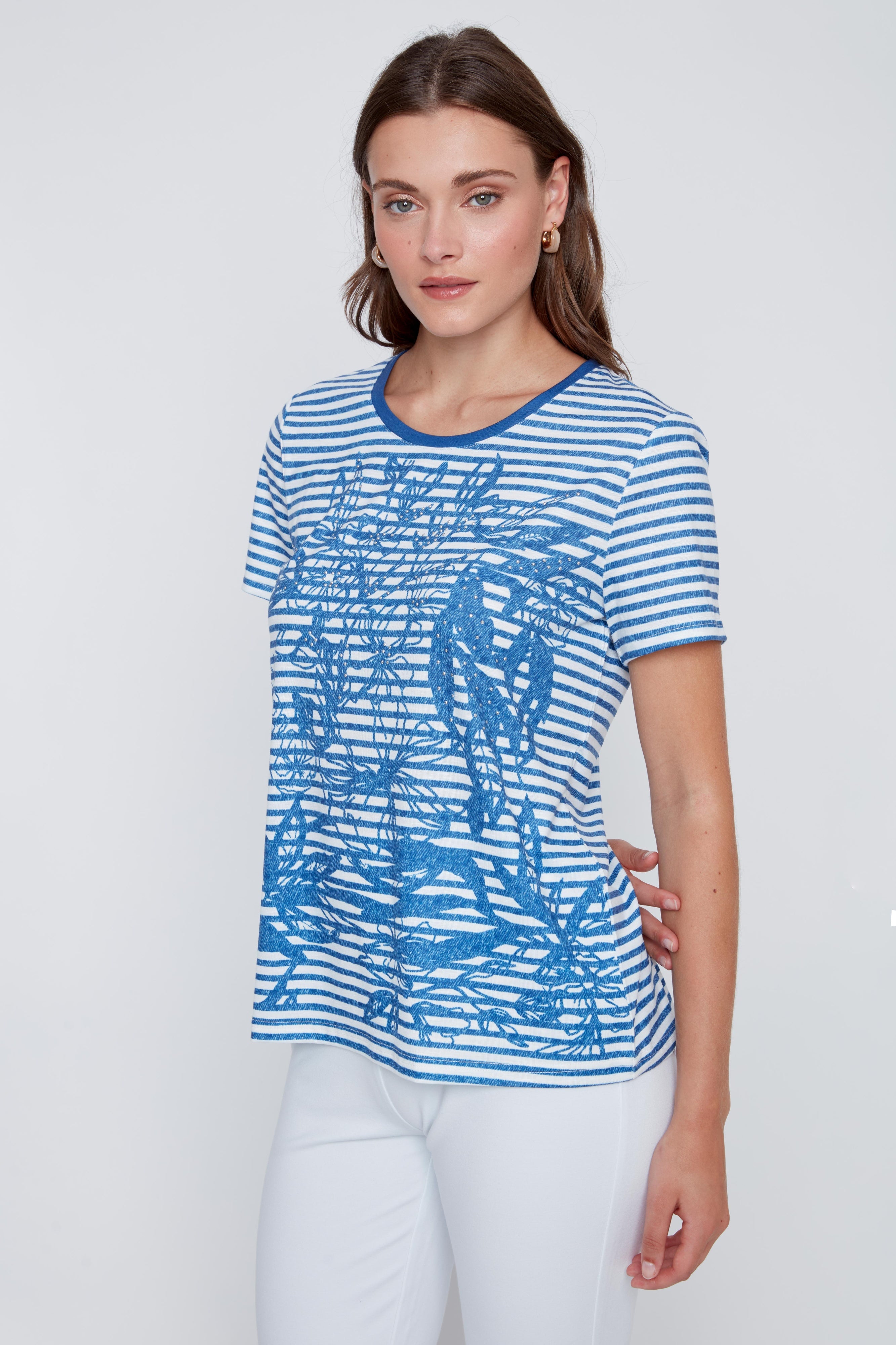 T-Shirt Rayé avec Imprimé de Fleurs