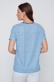 T-Shirt Rayé avec Imprimé de Fleurs