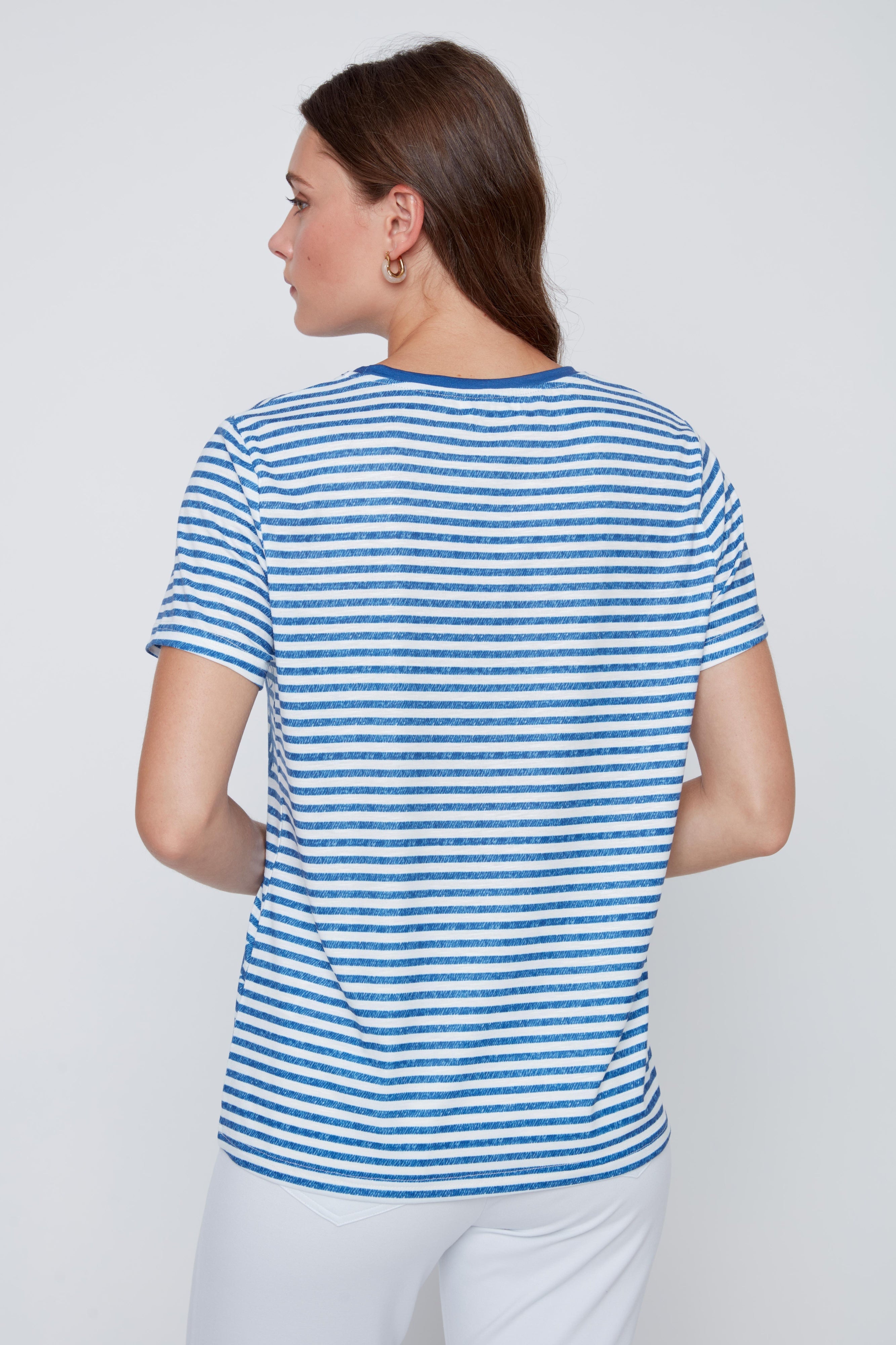 T-Shirt Rayé avec Imprimé de Fleurs