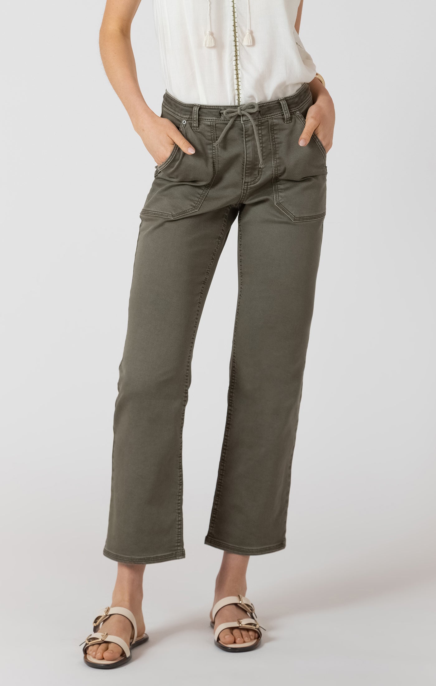 Pantalon 7/8 Jambe Droite avec Cordon à la Taille