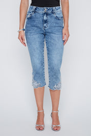 Capris en Jeans Brodé avec Strass